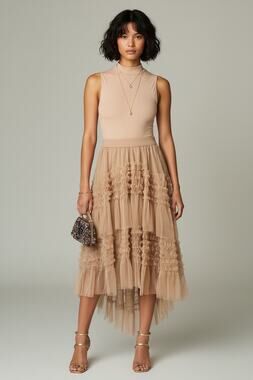 Tiered Ruffle Tulle Asymmetric Maxi Skirt High Waist Nude  Fairycore Balletcore